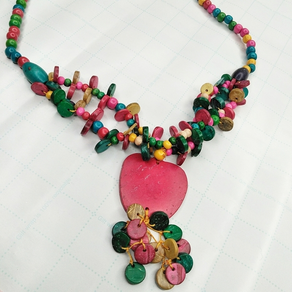 Wood Coconut Shell Colorful Beaded Apple Necklace - Picture 1 of 3